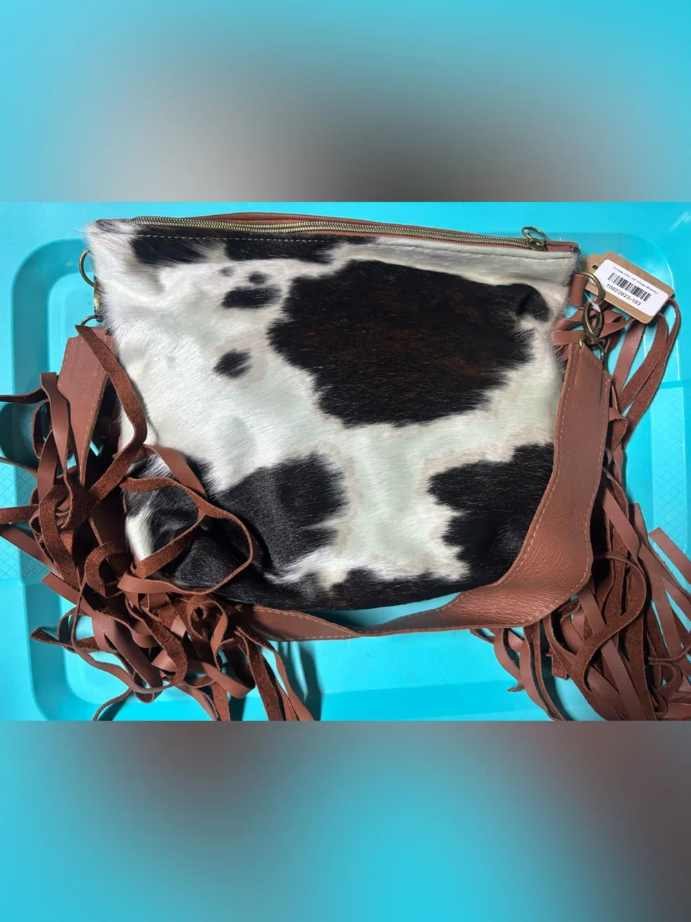 Cowhide shoulder Bag in brown & White with Brown Trim